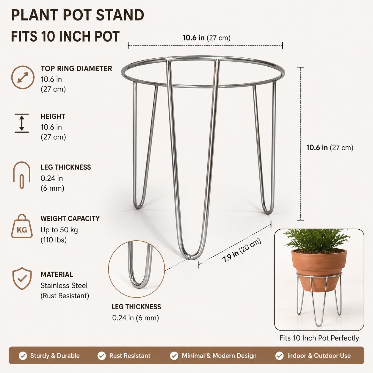 10 Inch Stainless Steel Plant Pot Stand