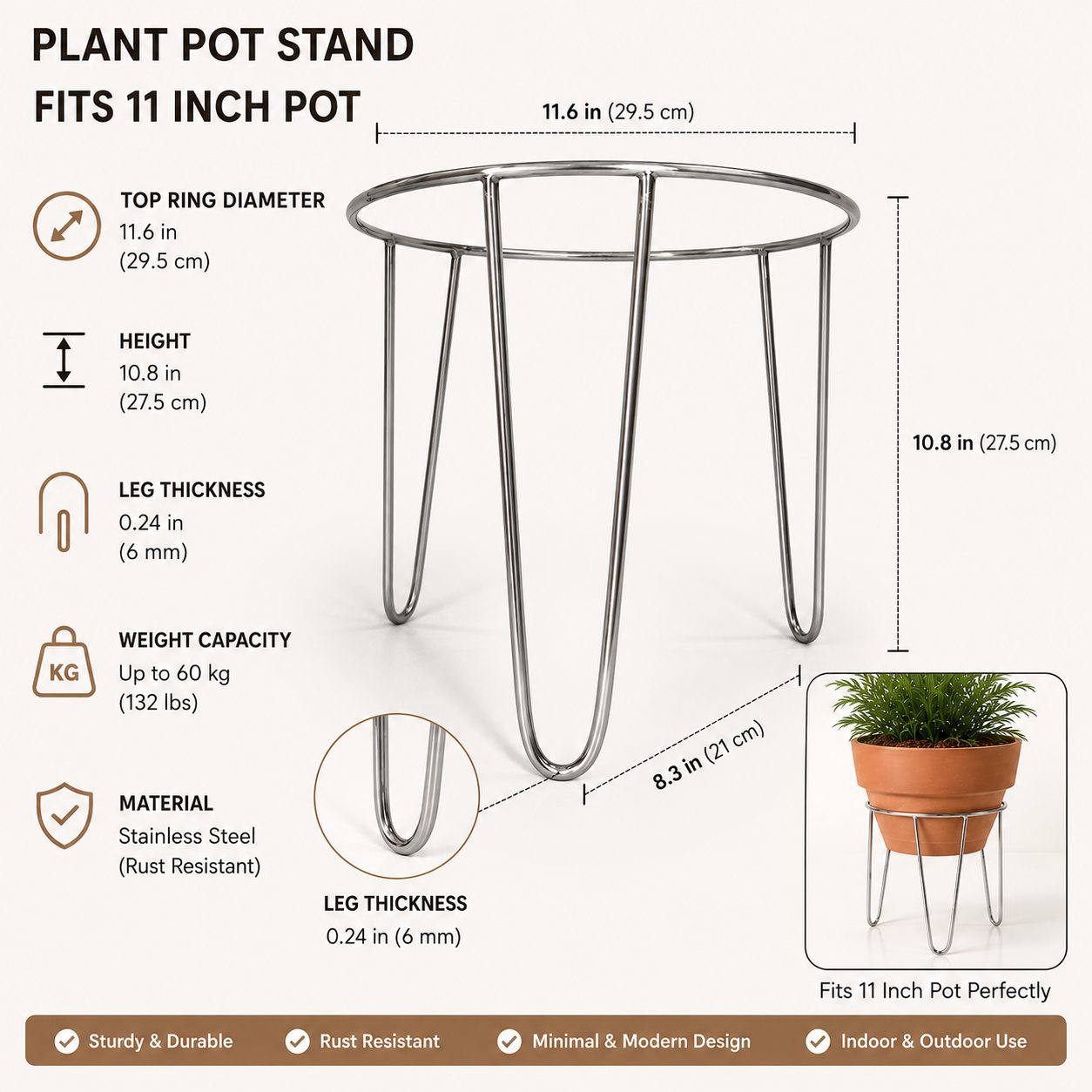 11 Inch Stainless Steel Plant Pot Stand