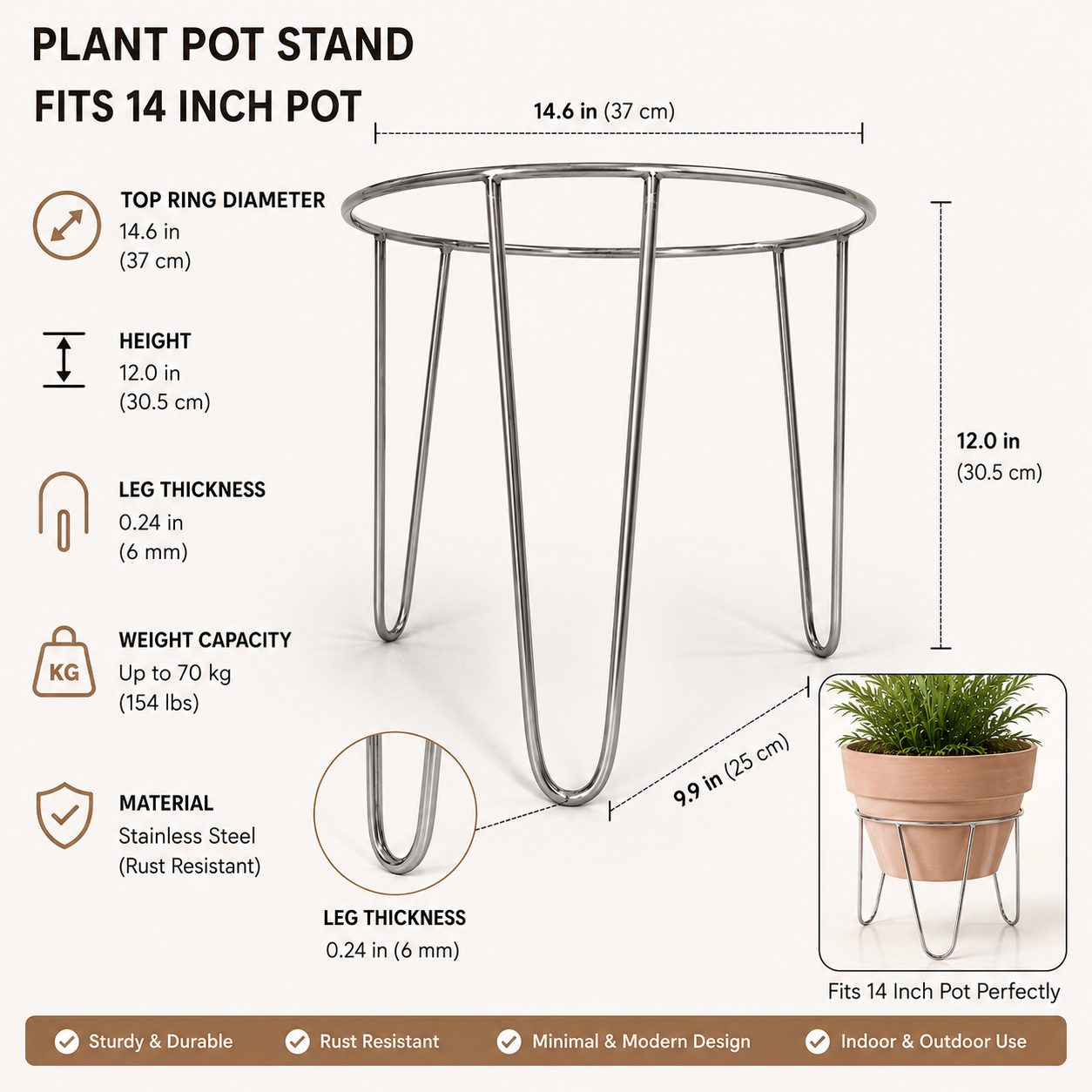14 Inch Stainless Steel Plant Pot Stand
