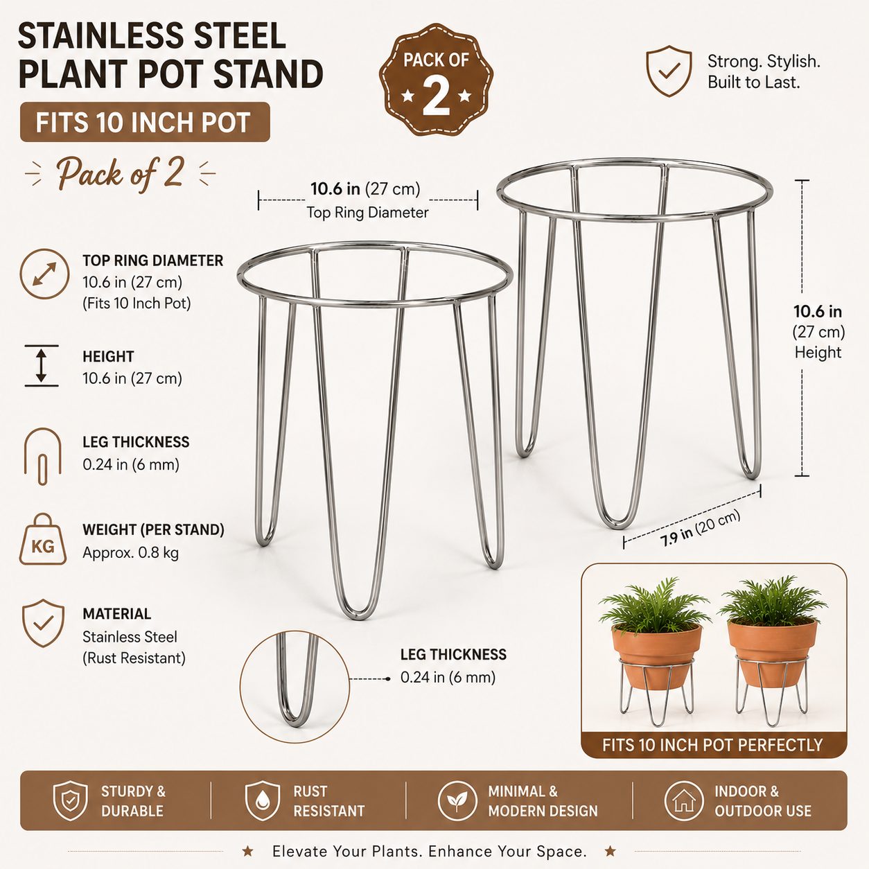 10 Inch Stainless Steel Plant Pot Stand - Pack of Two
