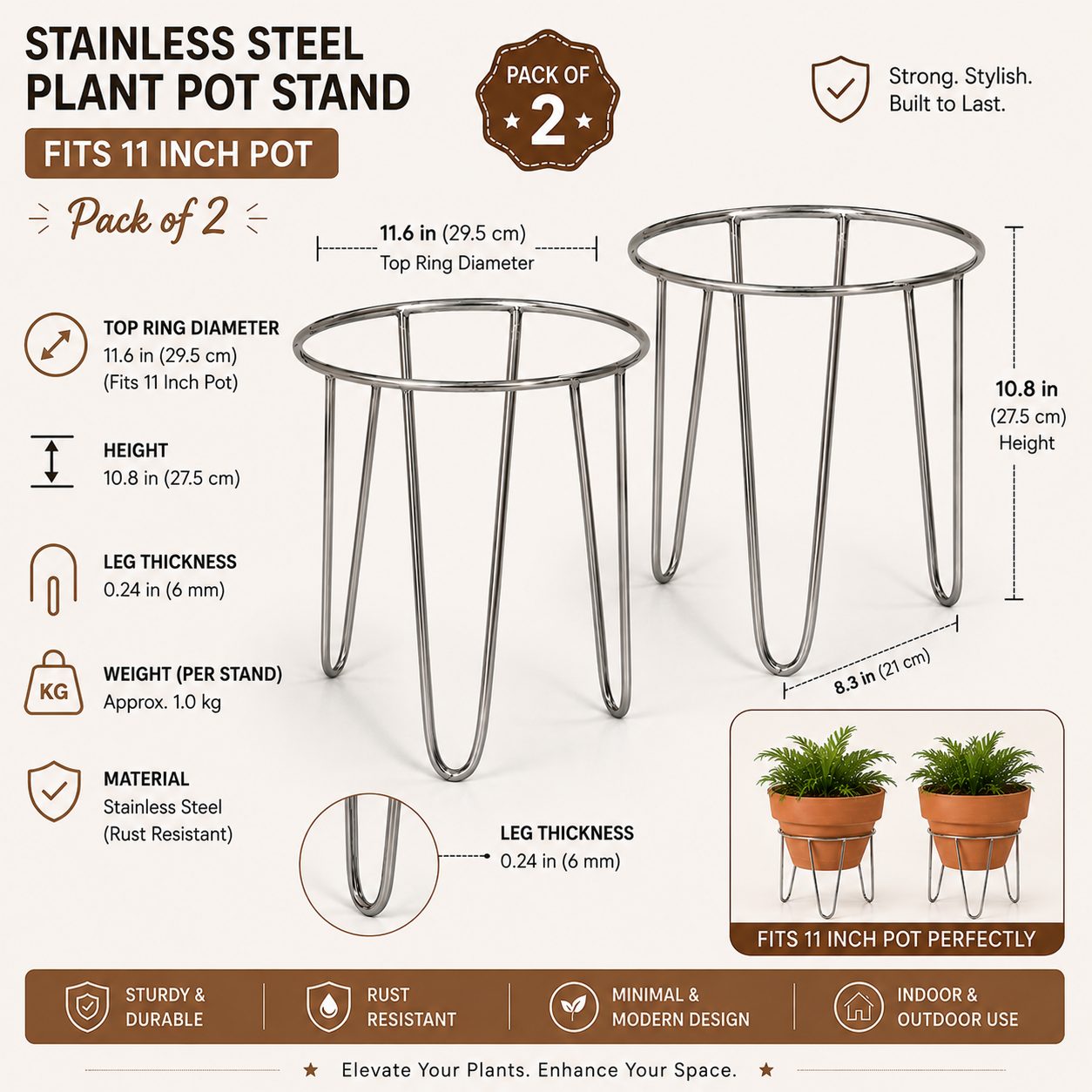 11 Inch Stainless Steel Plant Pot Stand - Pack of Two