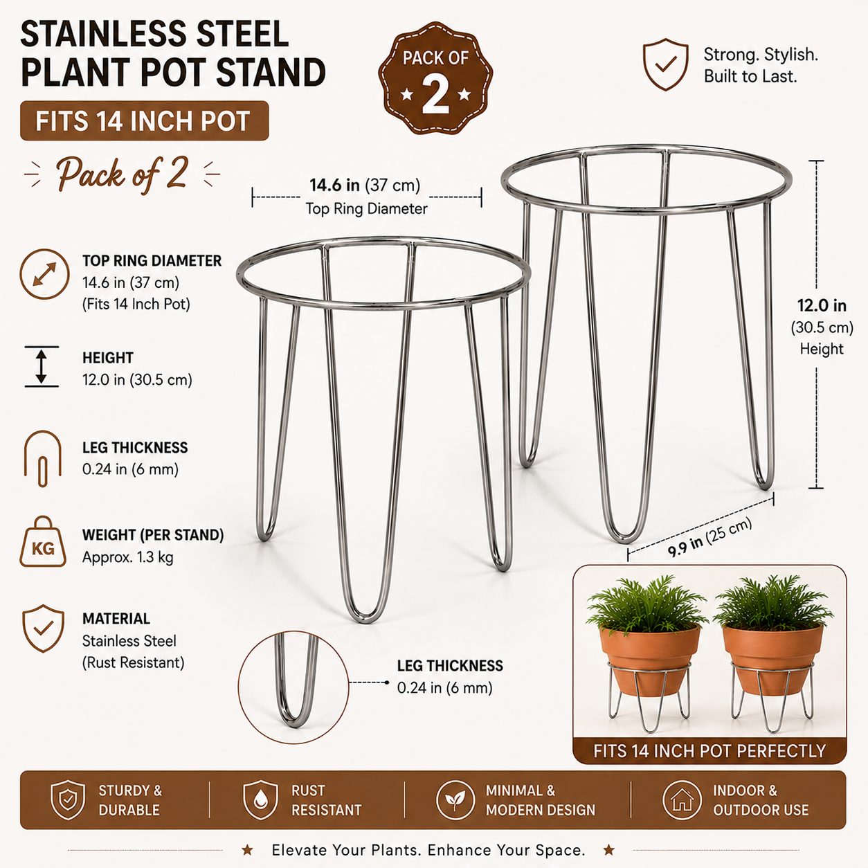14 Inch Stainless Steel Plant Pot Stand - Pack of Two