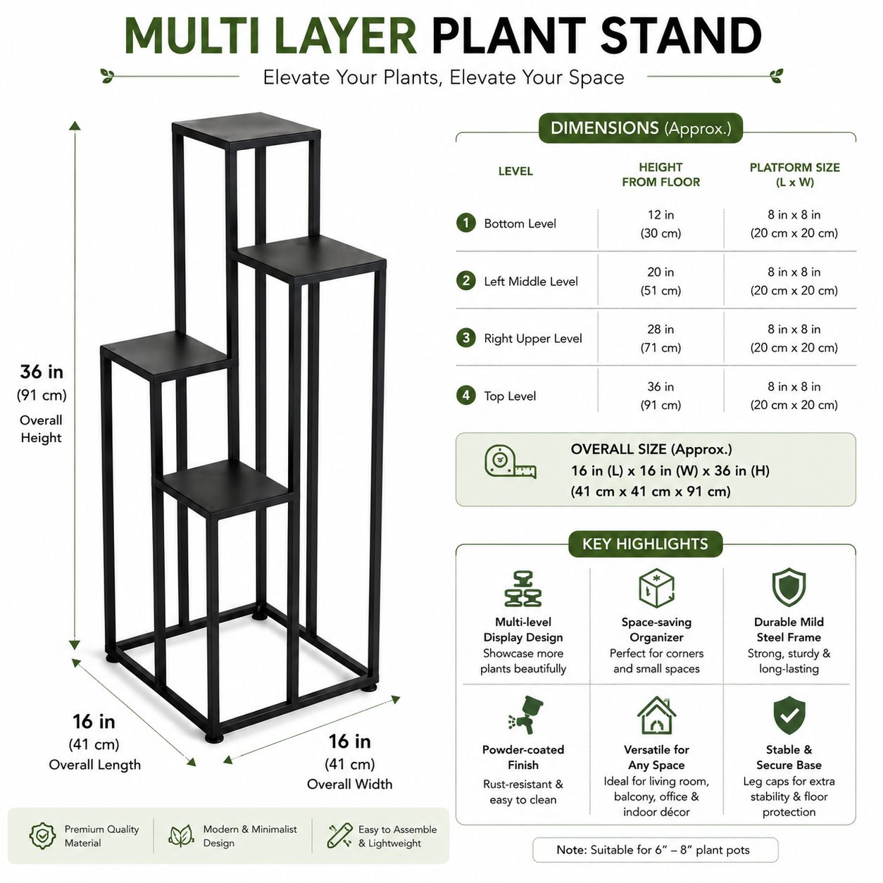 4-Tier Multi Layer Metal Plant Stand 16 × 16 × 36 Inch