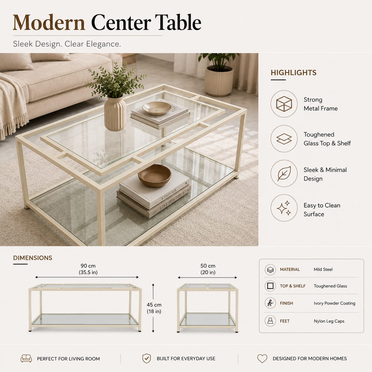 Center Table with Mild Steel Frame - Toughened glass surface