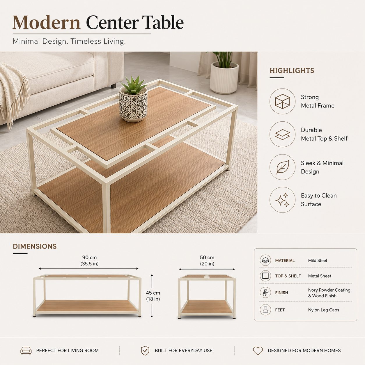 Center Table with Mild Steel Frame - Metal sheet surface